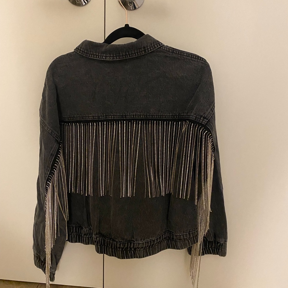 🚨LAST SMALL EVER🚨Last Call Rhinestone Fringe Denim Jacket - Picture 13 of 16